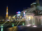 テレビ塔と大通公園の噴水の夜景